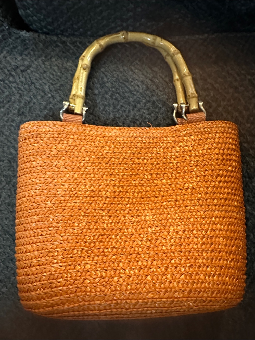Woven Straw Tote Bag with Bamboo Handles - Orange